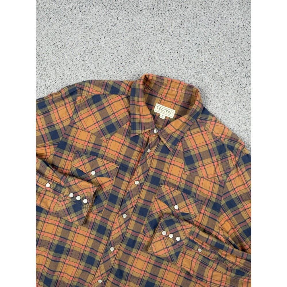 Tecovas Shirt Mens M Orange Plaid Pearl Snap Western Long Sleeve Button Up